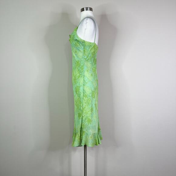 Vintage Y2K Dress-U Green Floral Slip Dress Ruffle Hem Bias Cut Spaghetti Strap - Picture 9 of 10